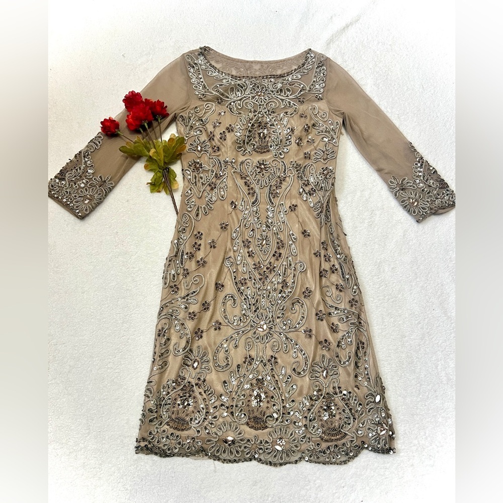 Sue Wong Beaded Crystal Long Sleeve Cocktail Dress - Size 4
